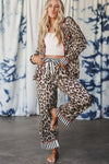 Khaki Leopard Print Colorblock Striped Patchwork Shirt and Pants Pajama Set