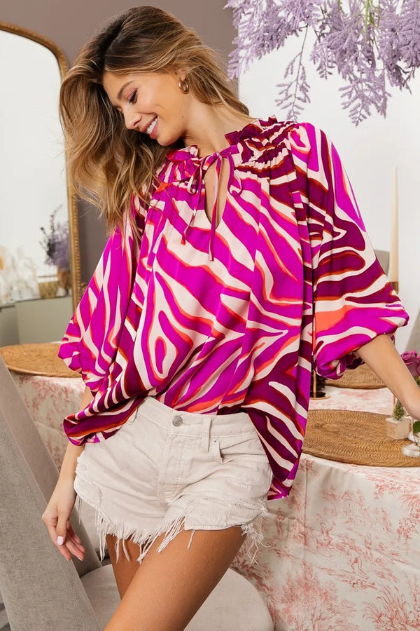 BiBi Tied Neck Half Balloon Sleeve Zebra Satin Top