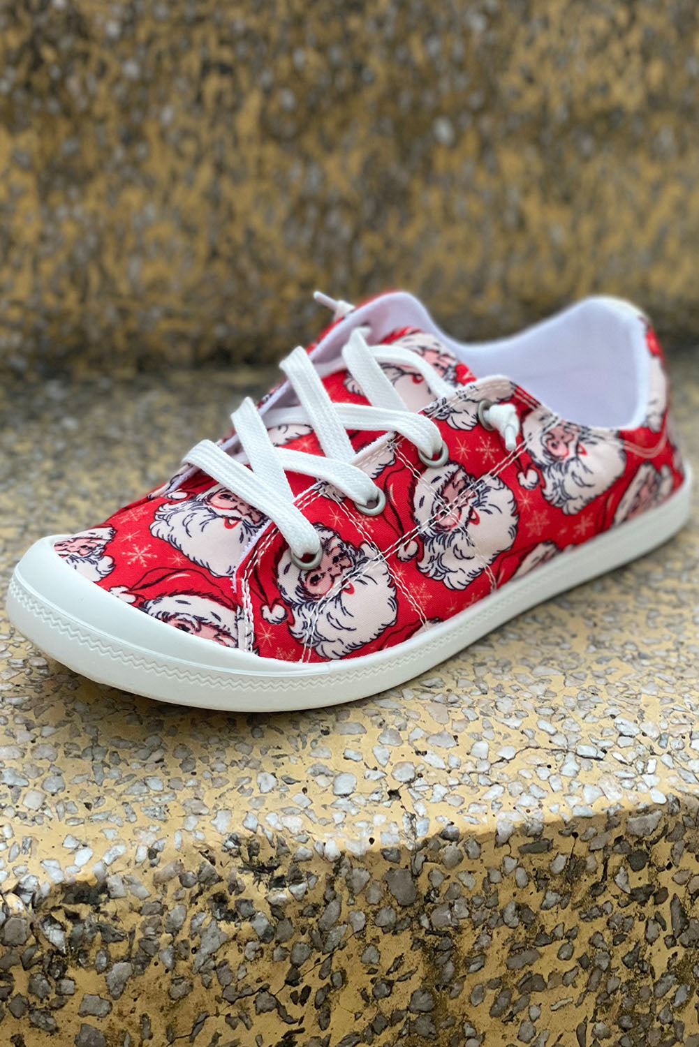 Fiery Red Christmas Santa Print Lace Up Flat Sneakers