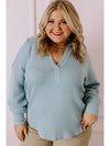 Beau Blue Textured Turn-down V Neck Drop Shoulder Plus Size Top