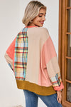 Multicolor Plaid Flower Patchwork Waffle Drop Shoulder Loose Top