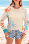 Jet Stream Contrast Flower Detail Colorblock Cuffed Loose Sweater