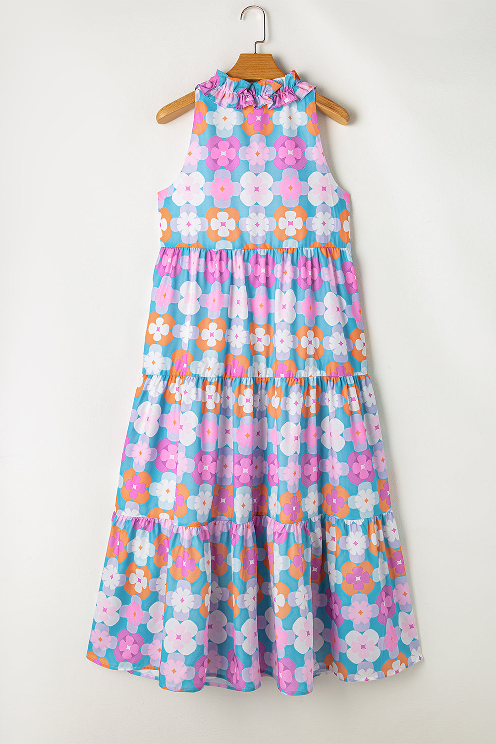 Sky Blue 60s Flower Split Neck Sleeveless Tiered Maxi Dress