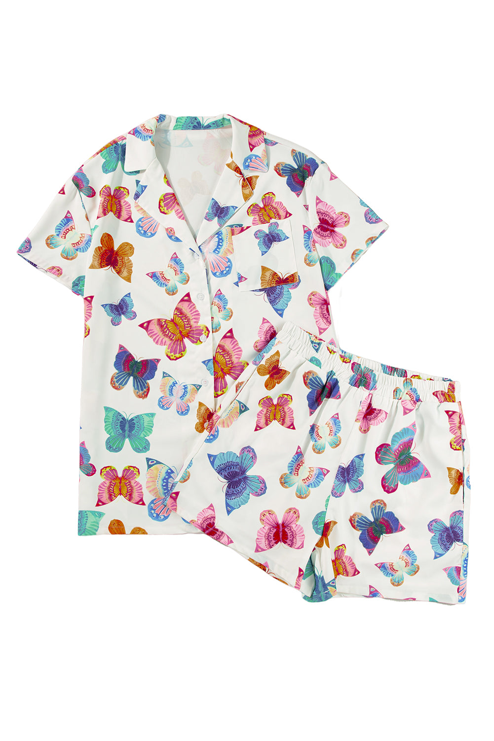 Multicolour Butterfly Print Button-up Shirt & Shorts Pajama Set