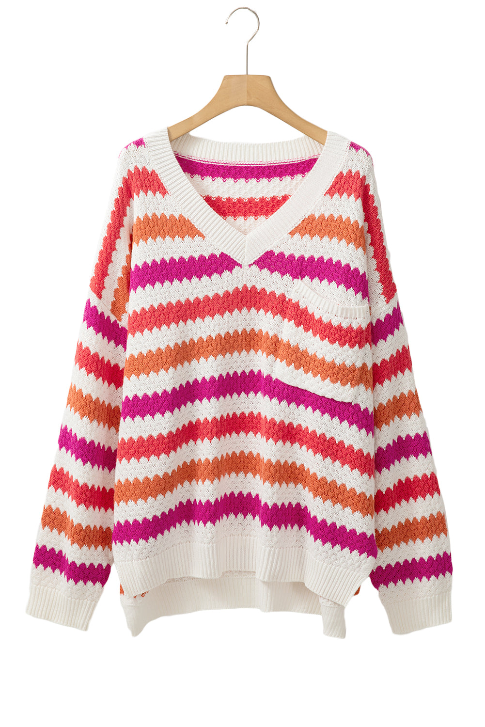 Pink Stripe V Neck Drop Shoulder Plus Size Sweater