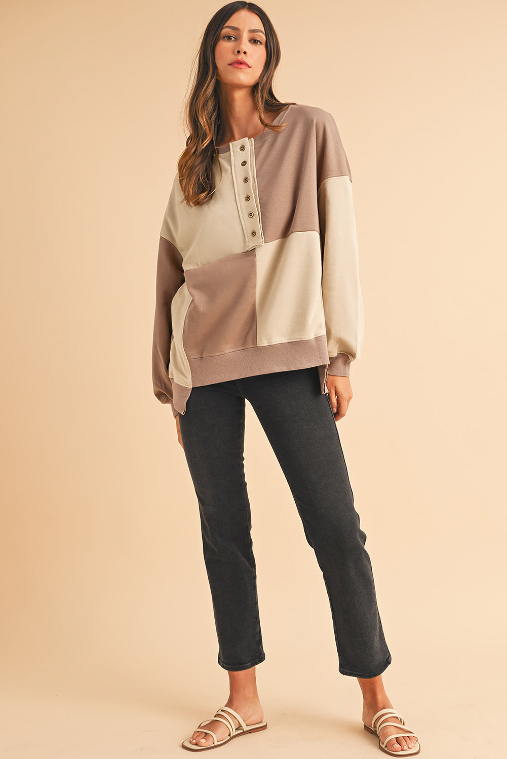 Parchment Colorblock Henley High Low Loose Sweatshirt