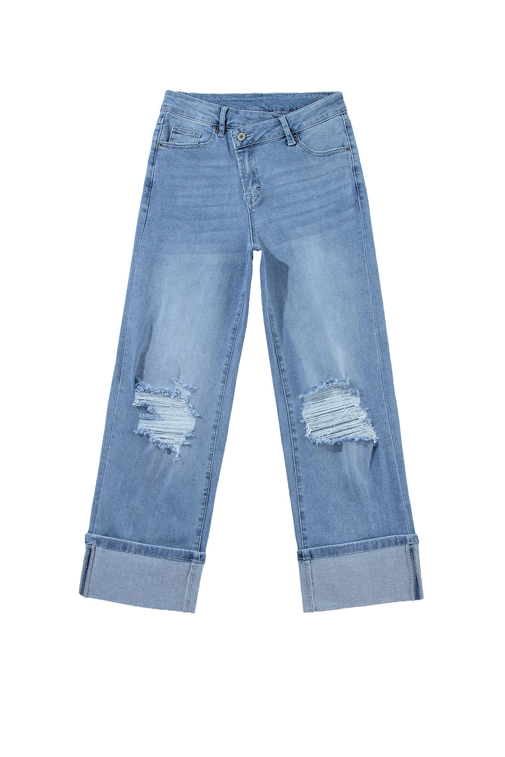 Dusk Blue High Rise Asymmetric Button Zip Fly Ripped Jeans