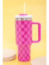 Black Checkered Print Handled Stainless Steel Tumbler Cup