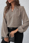 Khaki Geometric Print Notched Neck Long Sleeve Blouse