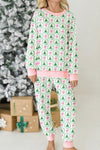 Green Bow Christmas Tree Print Contrast Striped Trim 2pcs Lounge Set