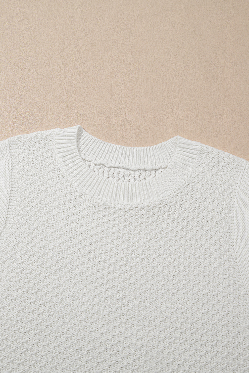 White Solid Color Eyelet Knit Crew Neck Vest