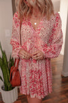 Pink Bohemian Floral Print Tassel Tie Long Sleeve Flowy Mini Dress