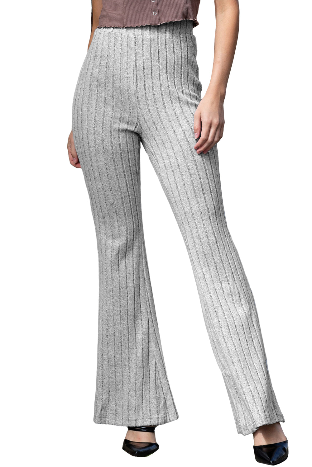 Gray Solid Color High Waist Ribbed Flare Pants