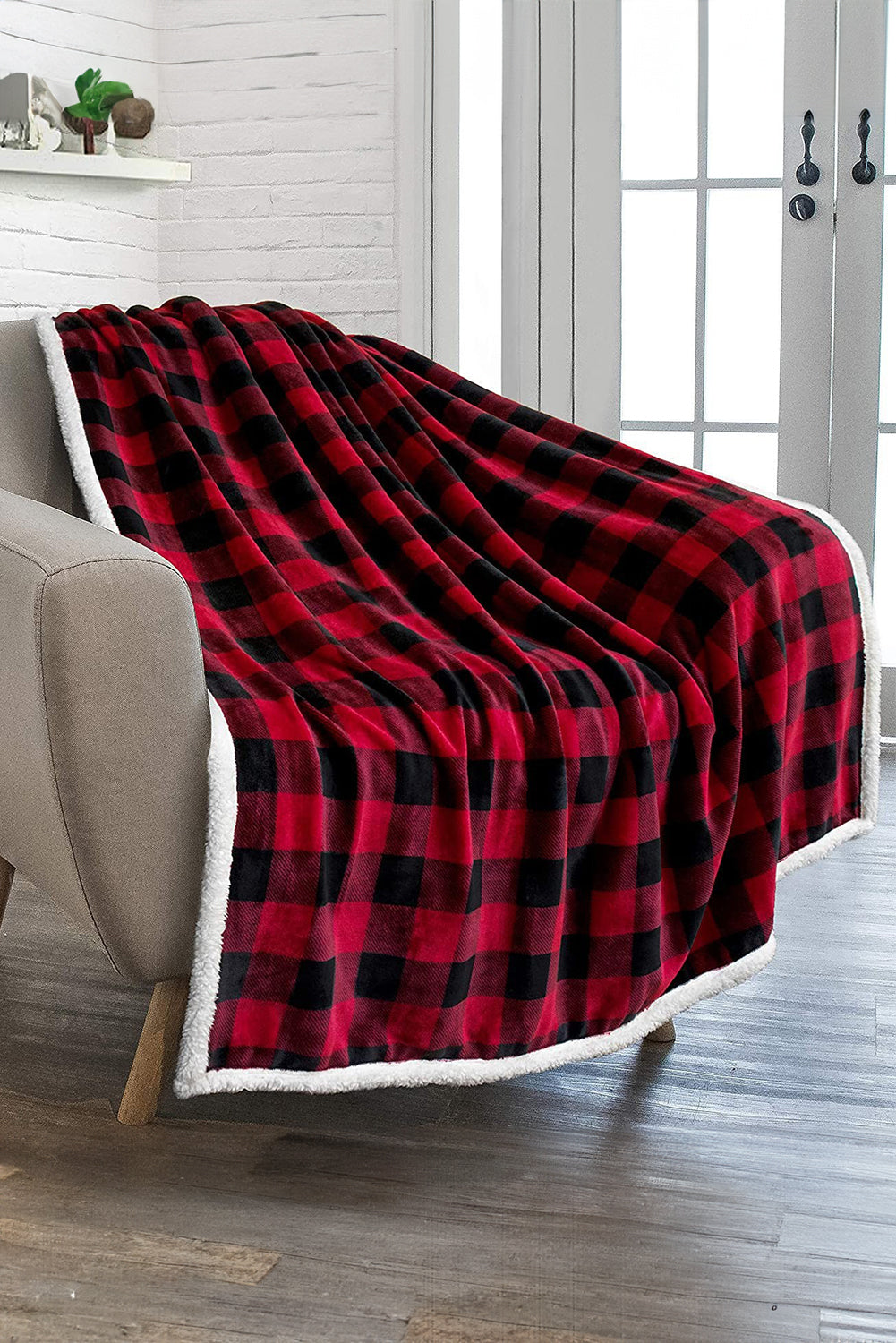 Fiery Red Buffalo Plaid Print Sherpa Large Throw Blanket