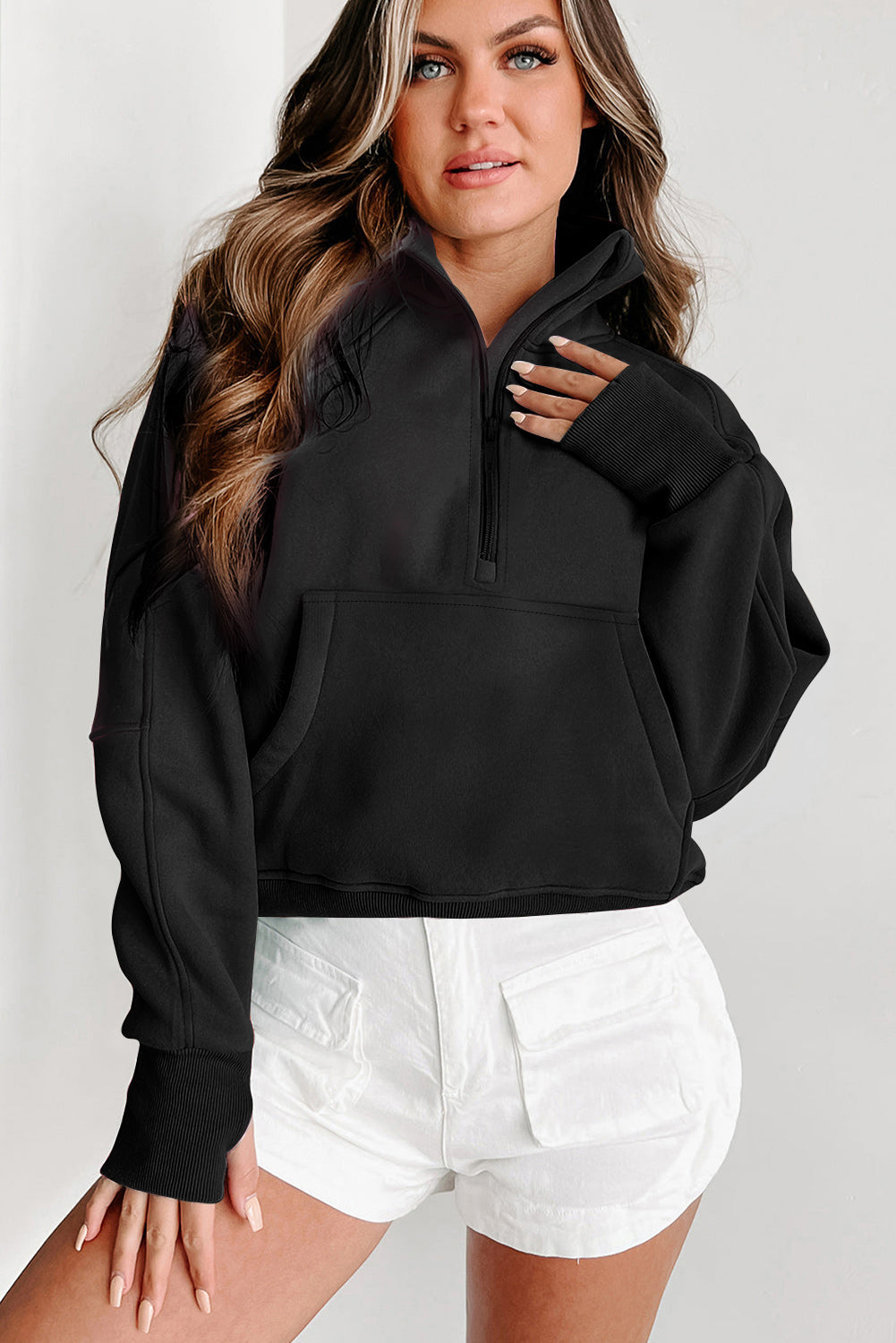 Parchment Quarter Zip Stand Neck Kangaroo Pocket Sweatshirt