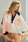 BiBi Color Block Quarter Neck Short Dolan Sleeve Top