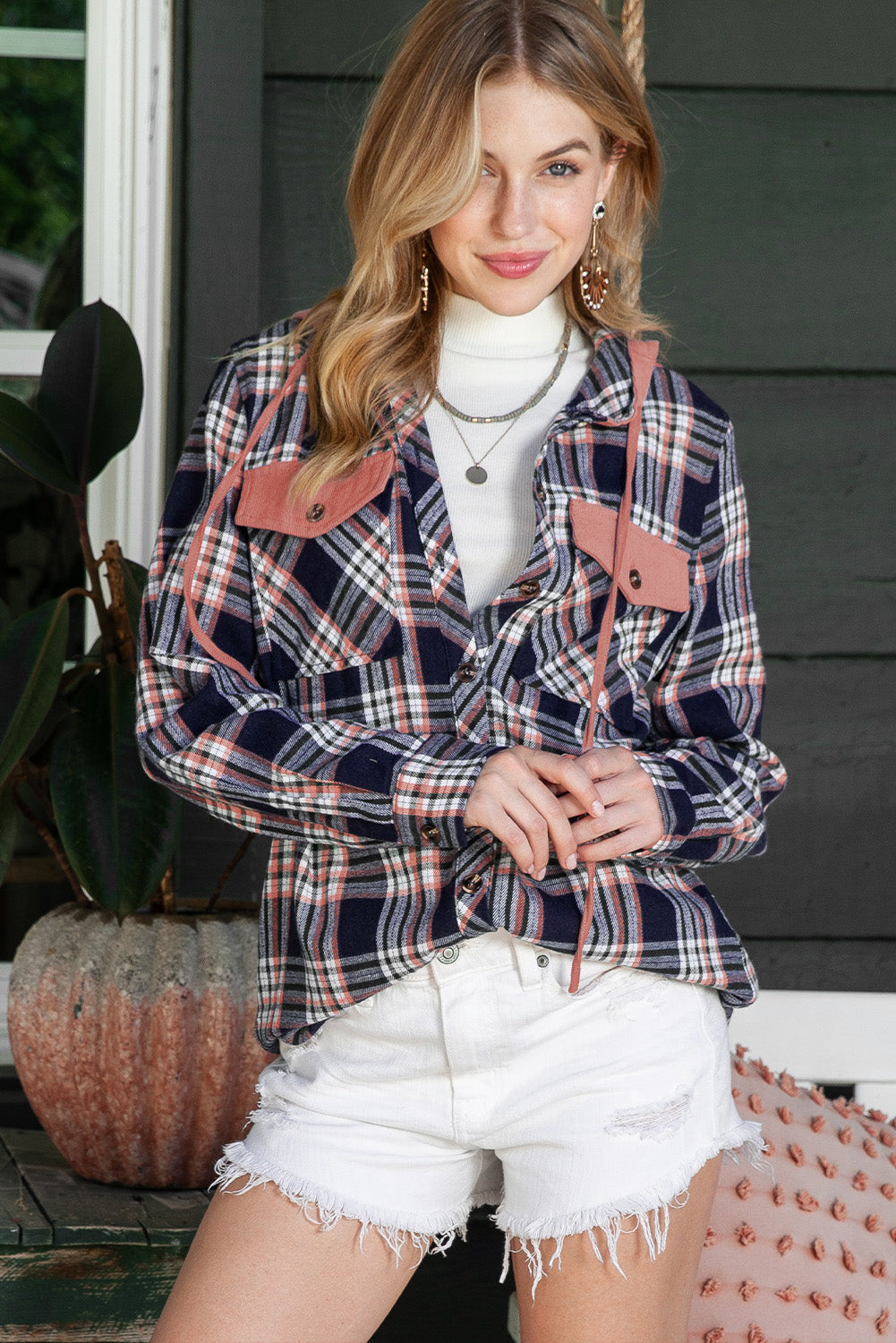 Pink Plaid Contrast Hooded Drawstring Shacket