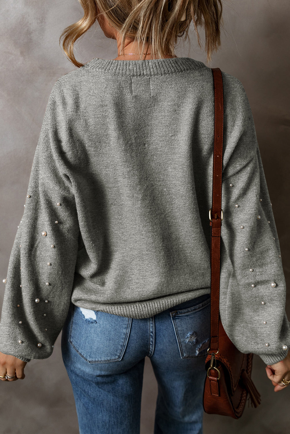 Light Grey Pearl Drop Shoulder Round Neck Sweater