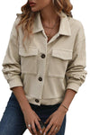 Beige Flap Pockets Turn Down Collar Corduroy Shacket