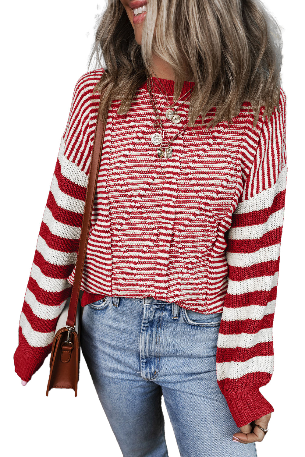 Red Stripe Twisted Knitted Drop Shoulder Sweater