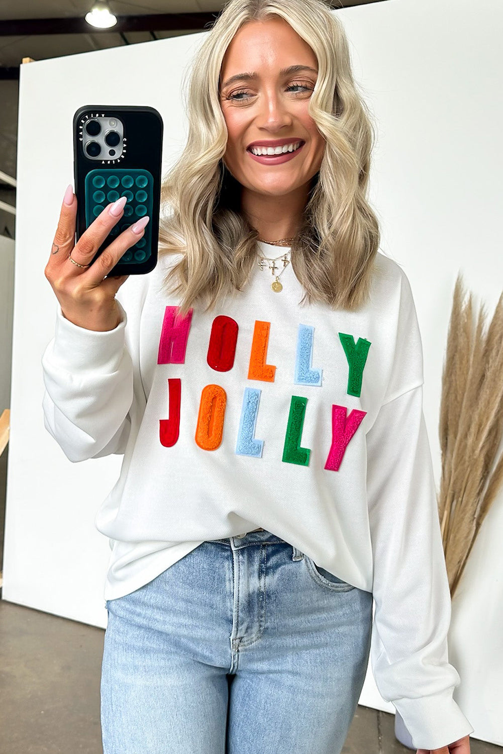 White Chenille Holly Jolly Graphic Long Sleeve Top