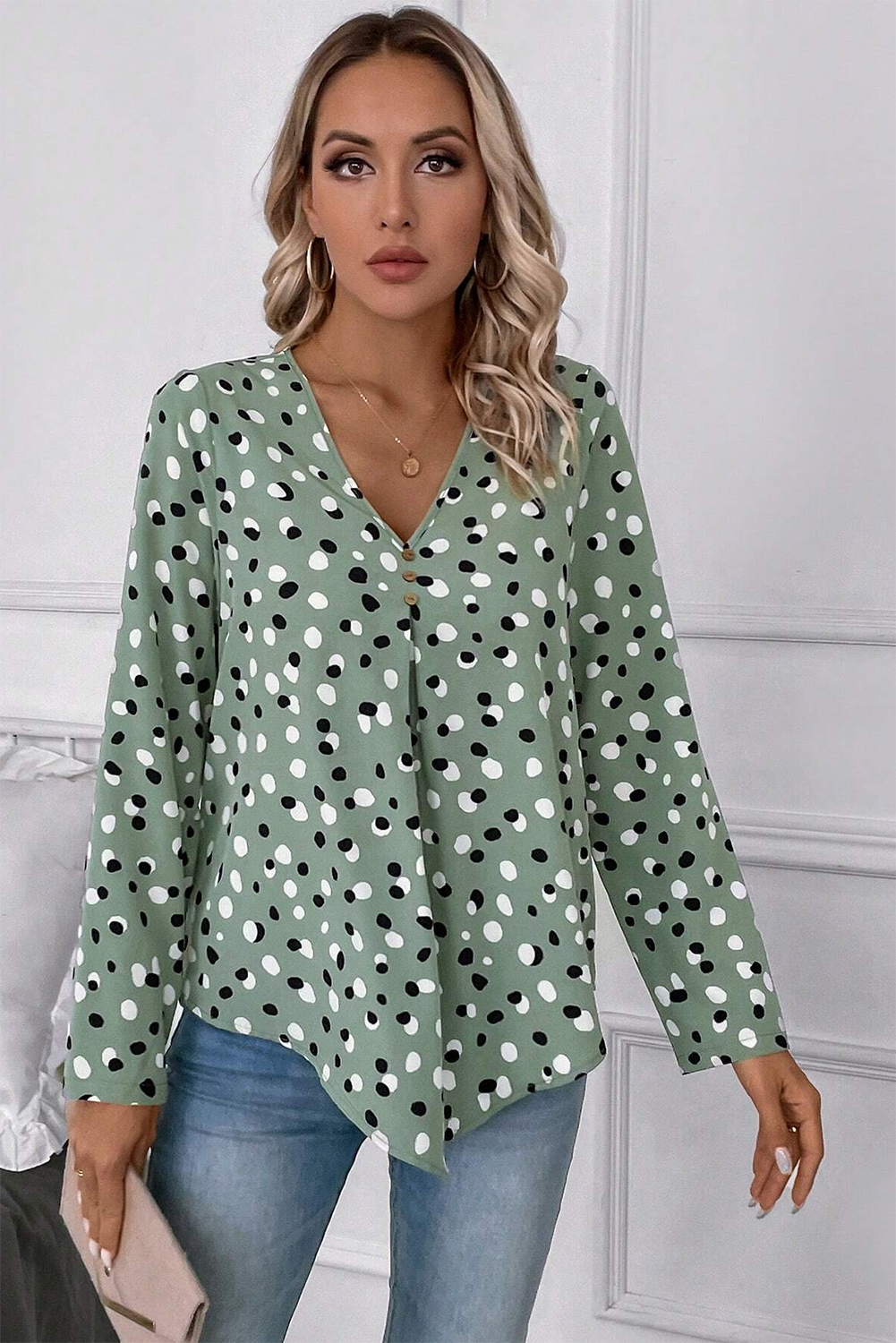 White Dotted Print V Neck Long Sleeve Blouse