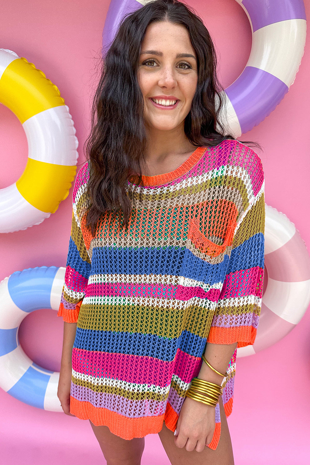 Pink Striped Color Block Hollow Crochet 3/4 Sleeve T Shirt