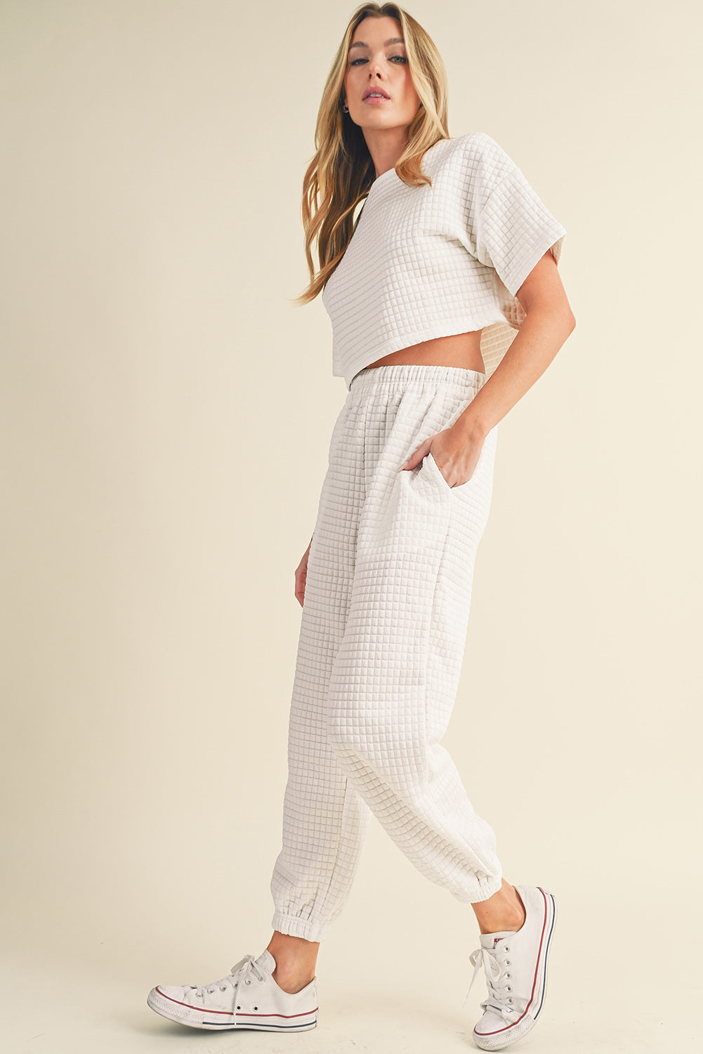 White Lattice Textured Cropped Tee and Jogger Pants Set