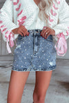 Dusk Blue Rhinestone Distressed Denim High Waist Mini Skirt