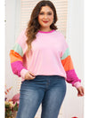 Pink Colorblock Long Sleeve Plus Size Top