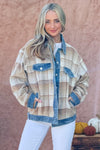 And The Why Full Size Washed Denim Detail Brushed Plaid Jacket - Cocoa Yacht Club