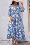 Sky Blue Geometric Print Notch Neck Plus Size Maxi Dress