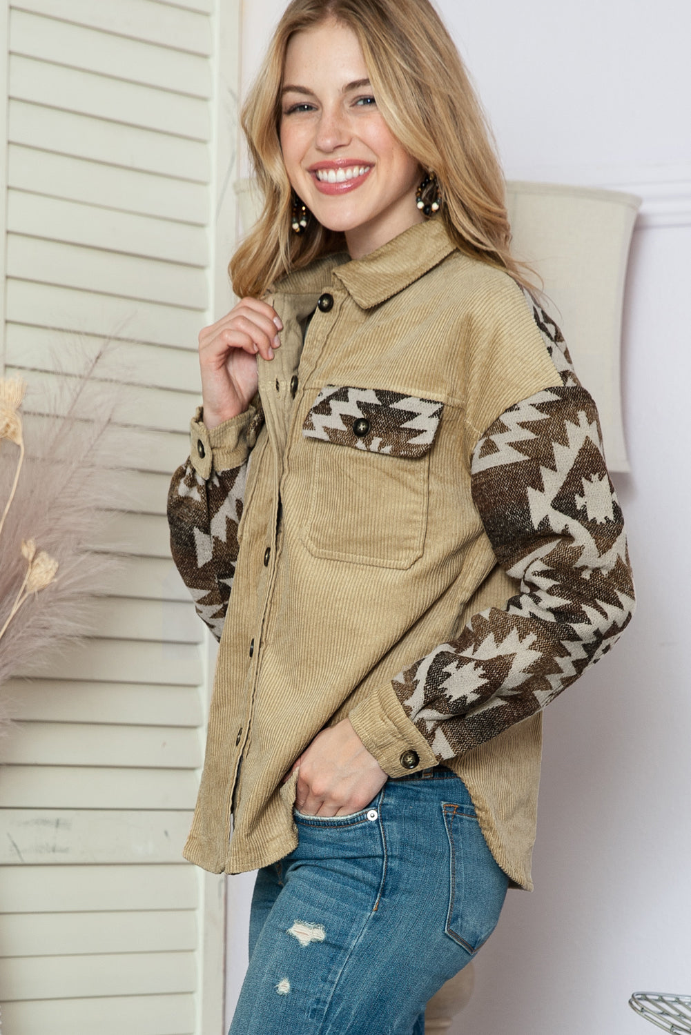 Khaki Geometric Print Patchwork Frayed Edge Corduroy Jacket