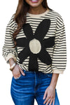 Black White Striped 60s Flower 3/4 Sleeve Top