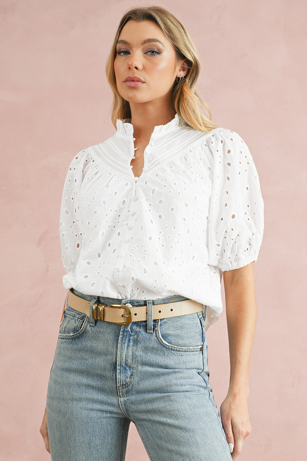 Bonbon Hollow-out Flower Embroidered Short Puff Sleeve Blouse