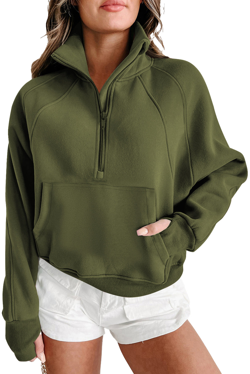 Parchment Quarter Zip Stand Neck Kangaroo Pocket Sweatshirt