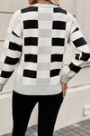 Black Checkered Crew Neck Drop Shoulder Knit Sweater