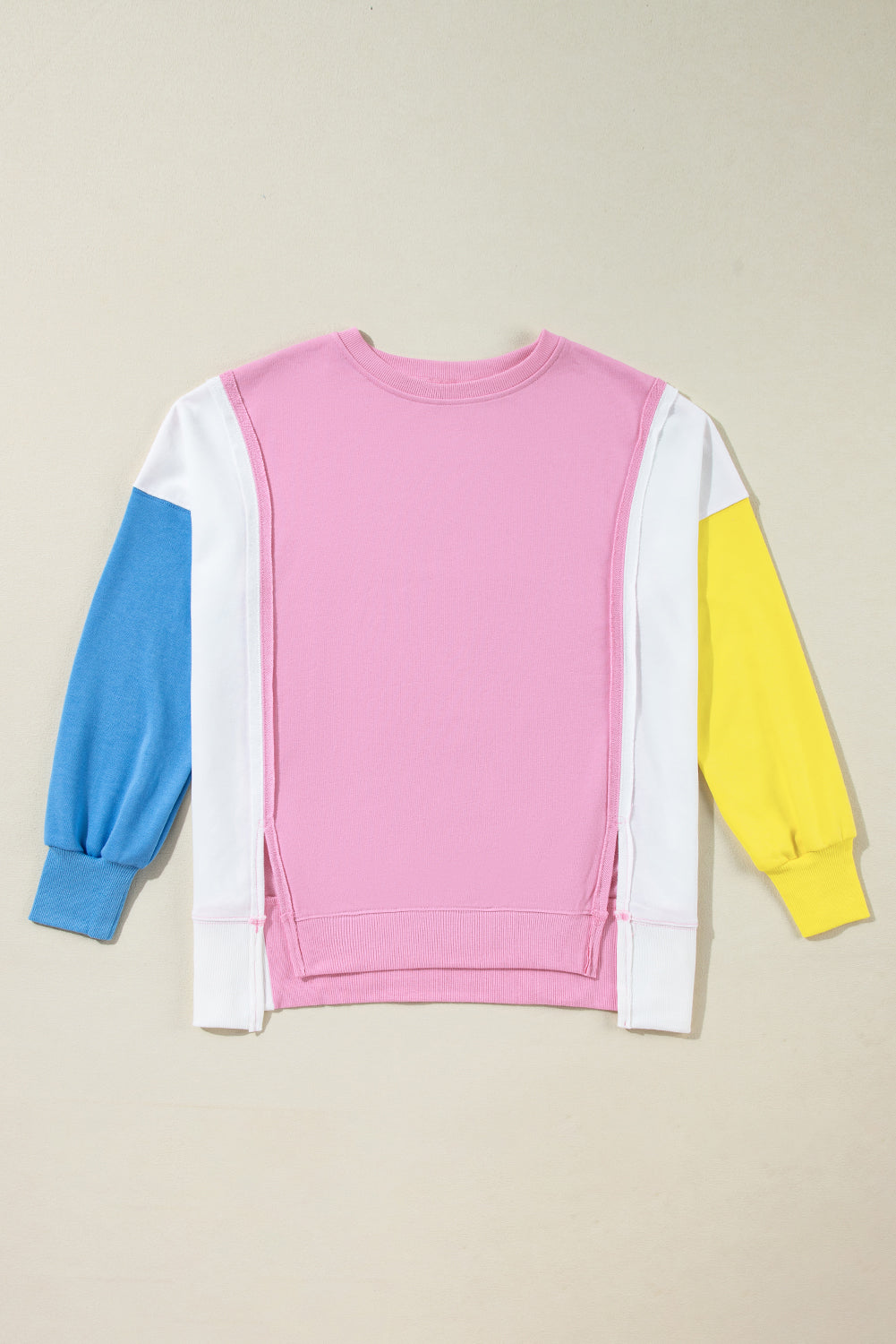 Bonbon Color Block Exposed Seam Patchwork Side Slits Sweatshirt