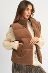 Coffee Solid Color Corduroy Puffer Vest Coat