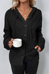 Black Button Up Drop Shoulder Knit Hooded Cardigan