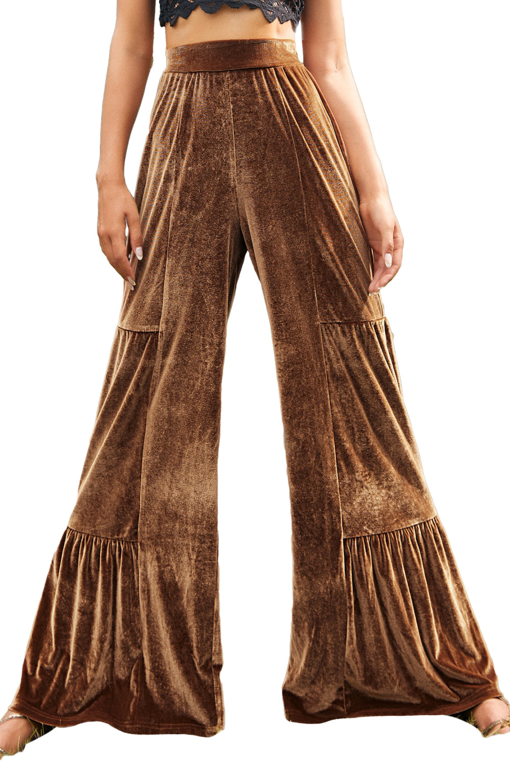 Chestnut Ruffle Hem Wide Leg Velvet Pants