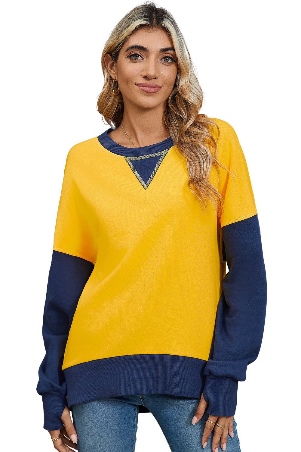 Yellow Color Block Thumbhole Sleeve Drop Shoulder Sweatshirt