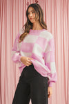 Pink Checked Bishop Sleeve Pullover Sweater