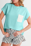 Dark Blue Corded Knit Color Block Pocketed Crew Neck T Shirt
