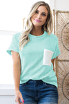 Pink Corded Colorblock Pocket Crew Neck T Shirt