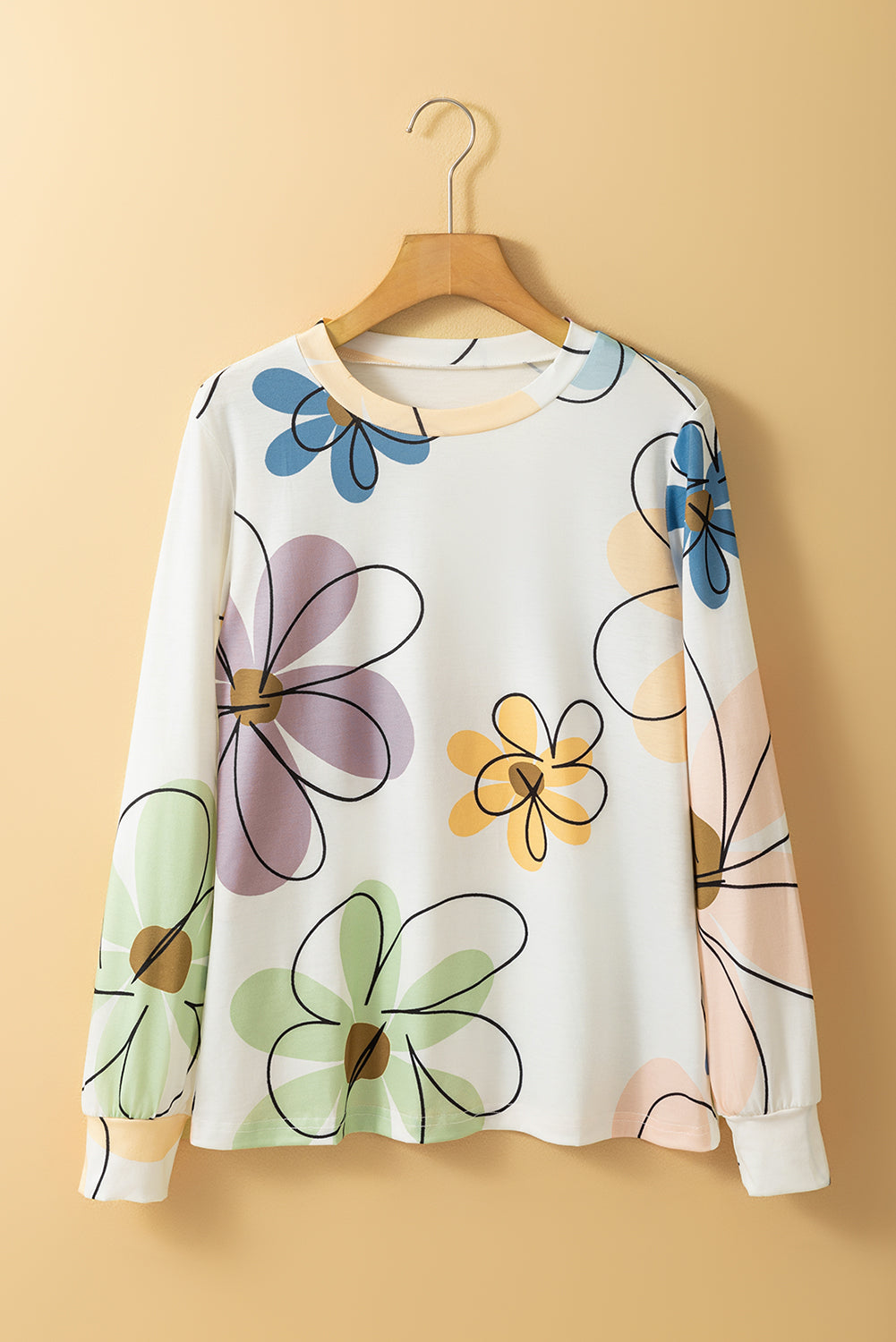 Beige Flower Print Long Sleeve T Shirt