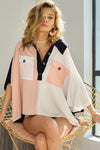 BiBi Color Block Quarter Neck Short Dolan Sleeve Top