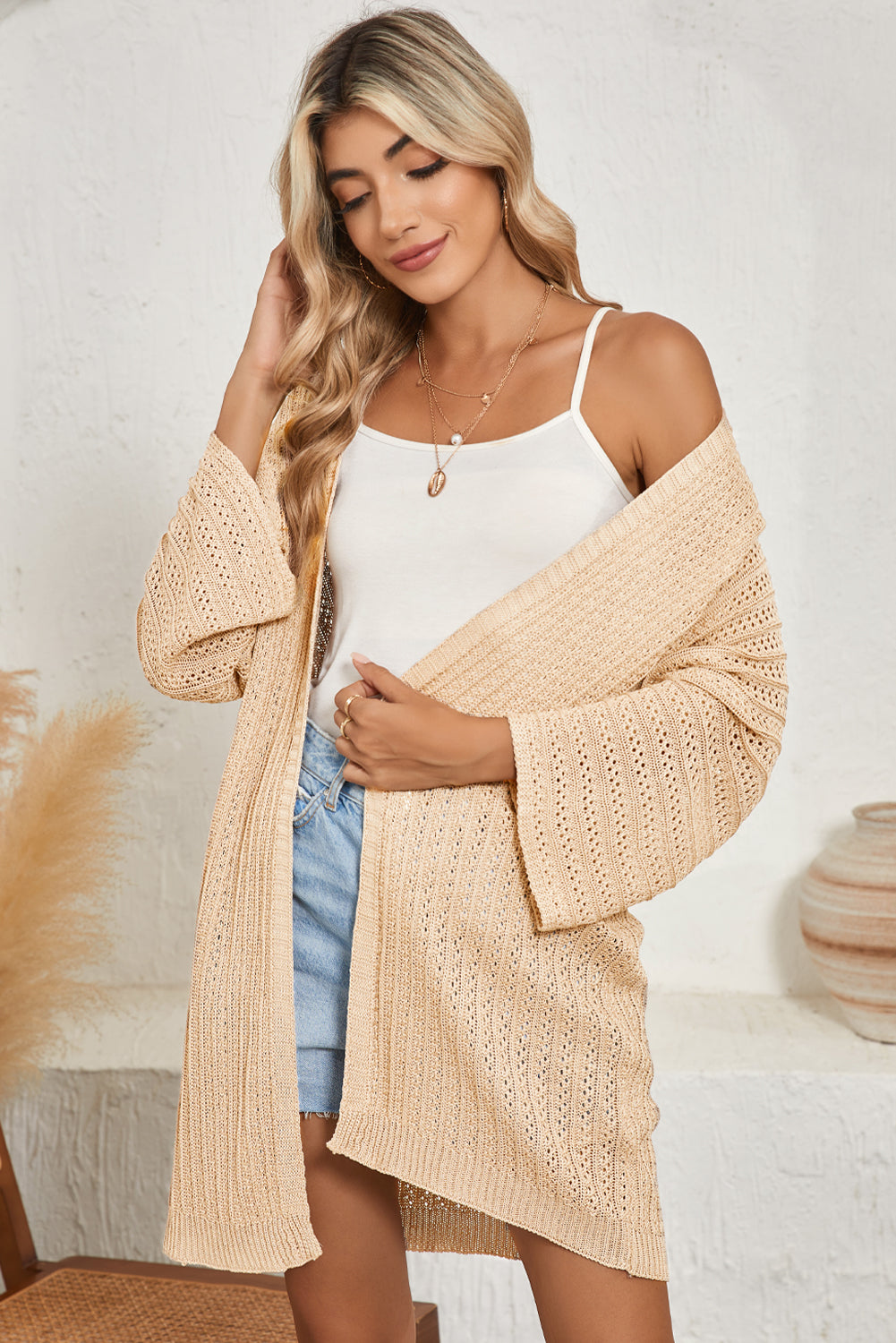 Rose Hollow-out Bracelet Sleeve Knit Cardigan