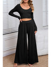 Black Plain Ribbed Crop Top & Wide Leg Pants Two Piece Pants Set