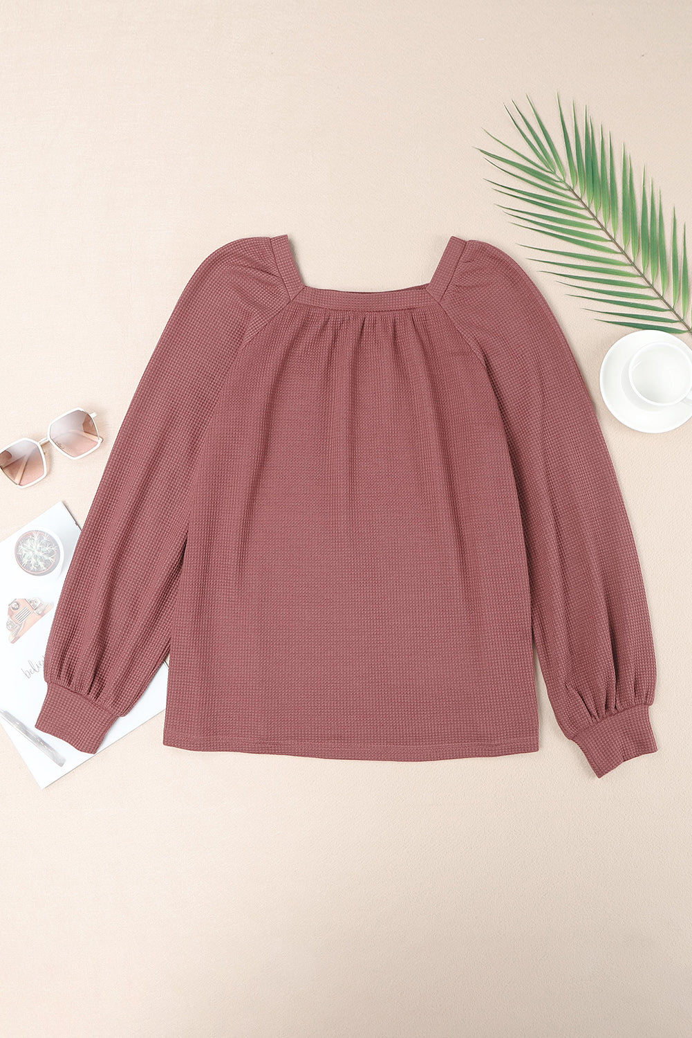 Brown Waffle Texture Casual Square Neck Pullover Top